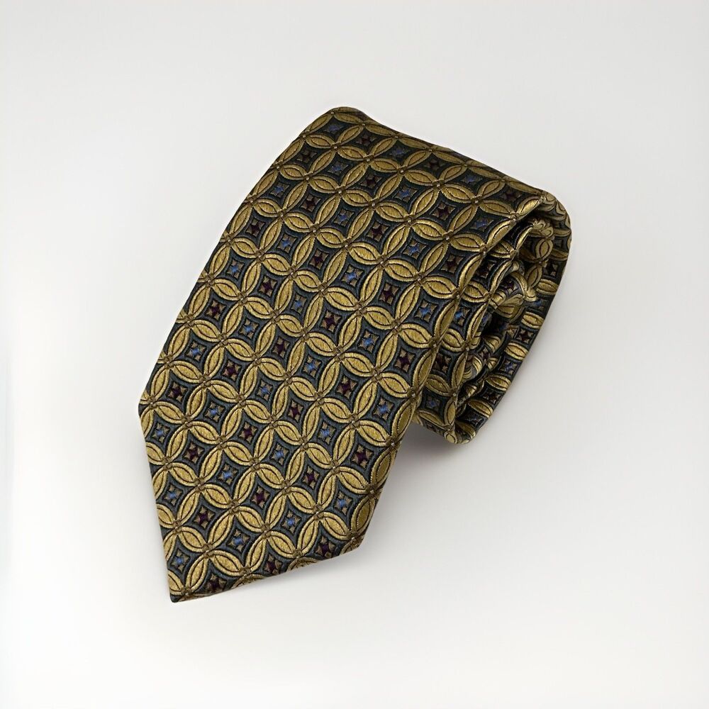 Jos A Bank Tie Silk Gold Blue Geometric 3.5" Wide 60" Long Signature